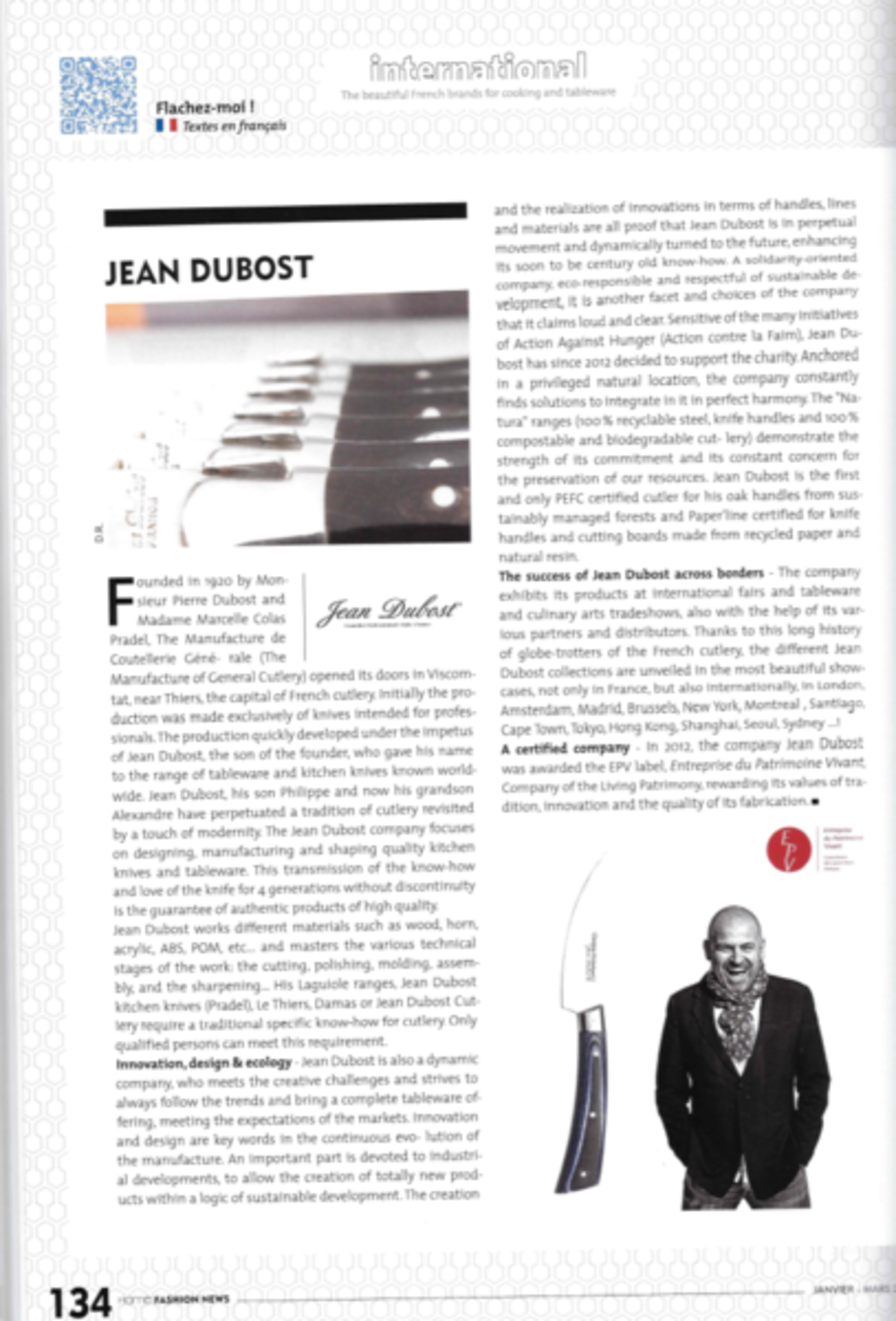Jean Dubost coutellerie française d'excellence depuis 1920, Home Fashion News Janvier 2017