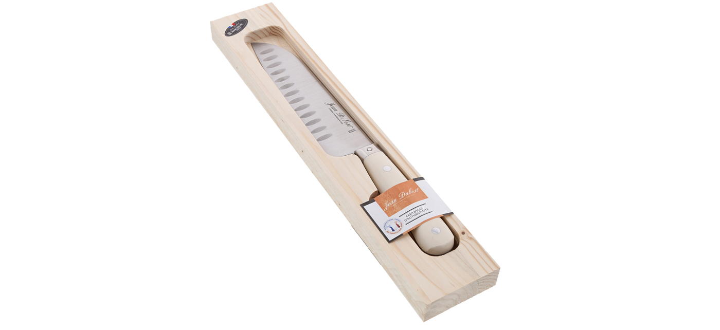 Couteau Santoku Jean Dubost gamme 1920 manche POM blanc fabrication francaise en coffret alvéolé C0003310P68119
