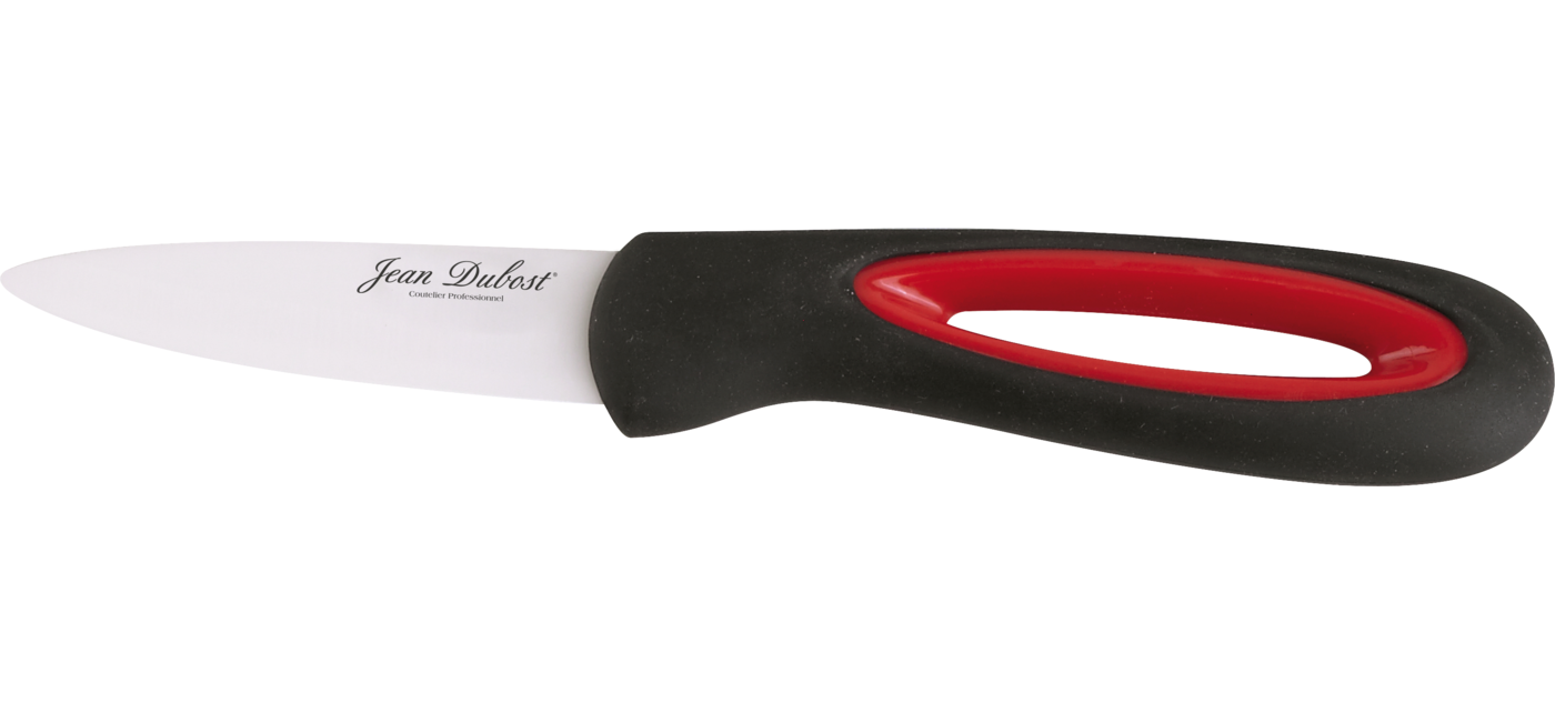 Couteau office lame ceramique manche bimatiere noir et rouge gamme Stratos Jean Dubost 