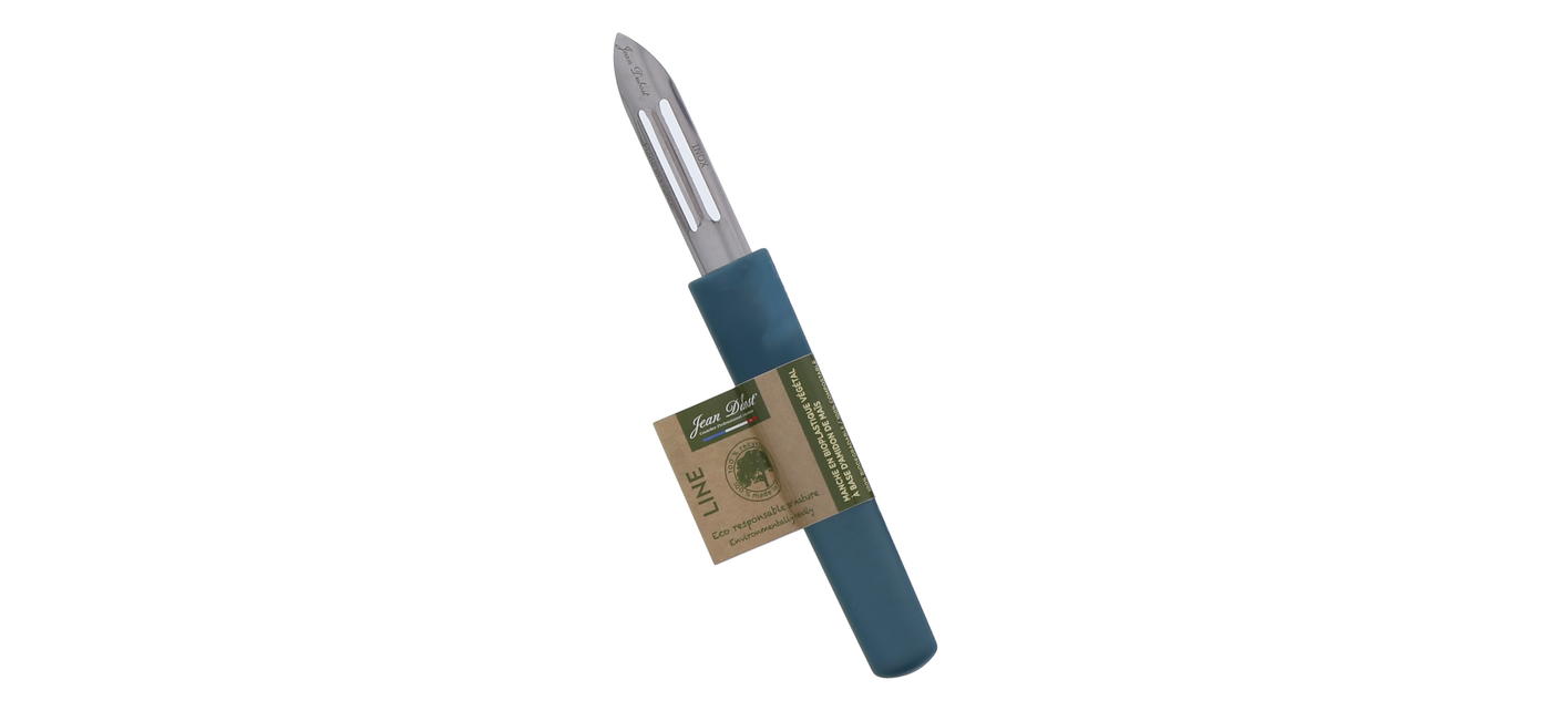 Couteau éplucheur Jean Dubost manche bleu gamme Line  ecoresponsable à base d'amidon de maïs fabrication francaise