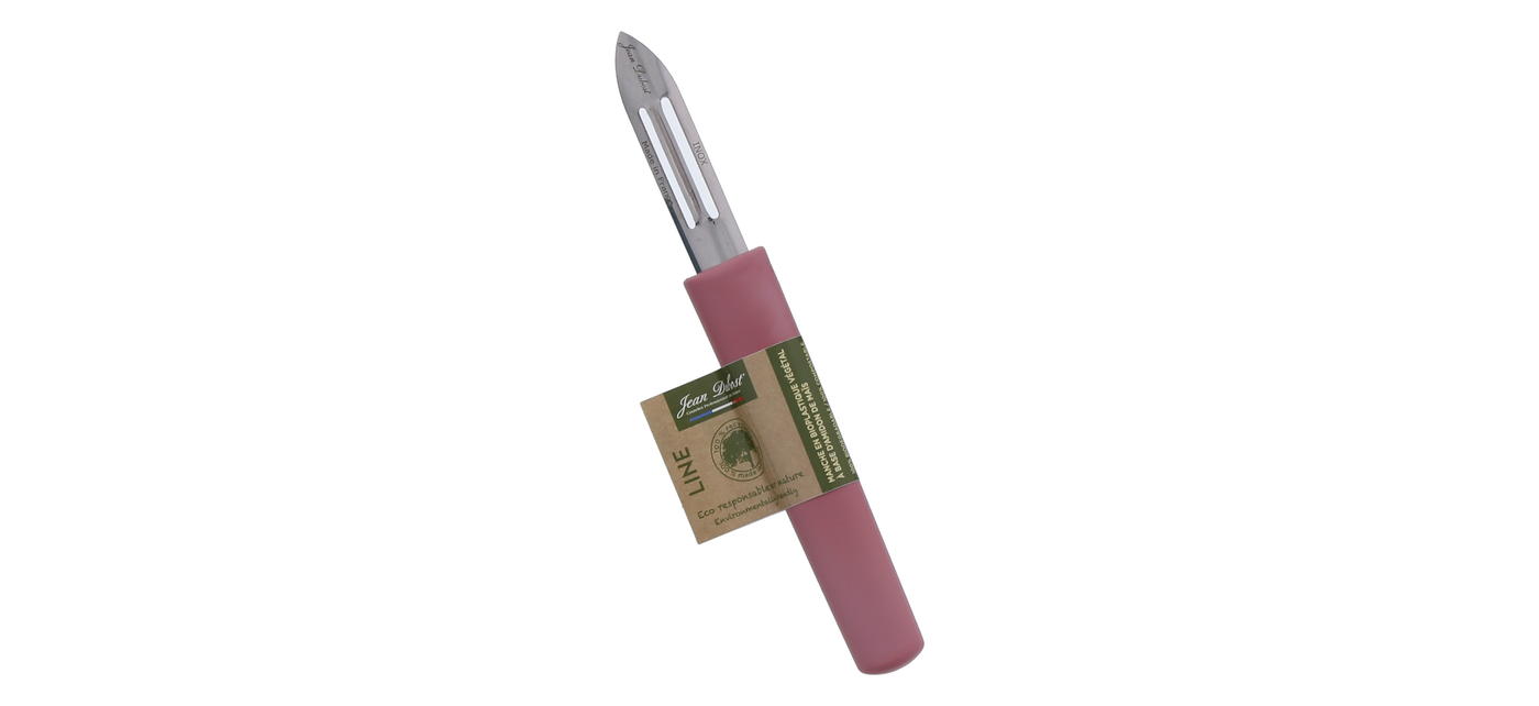Couteau éplucheur Jean Dubost manche rose gamme Line  ecoresponsable à base d'amidon de maïs fabrication francaise
