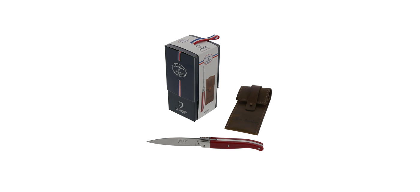 Couteau Le Poche Jean Dubost Laguiole mancheABS rouge, etui cuir et boite cadeau fabrication francaise