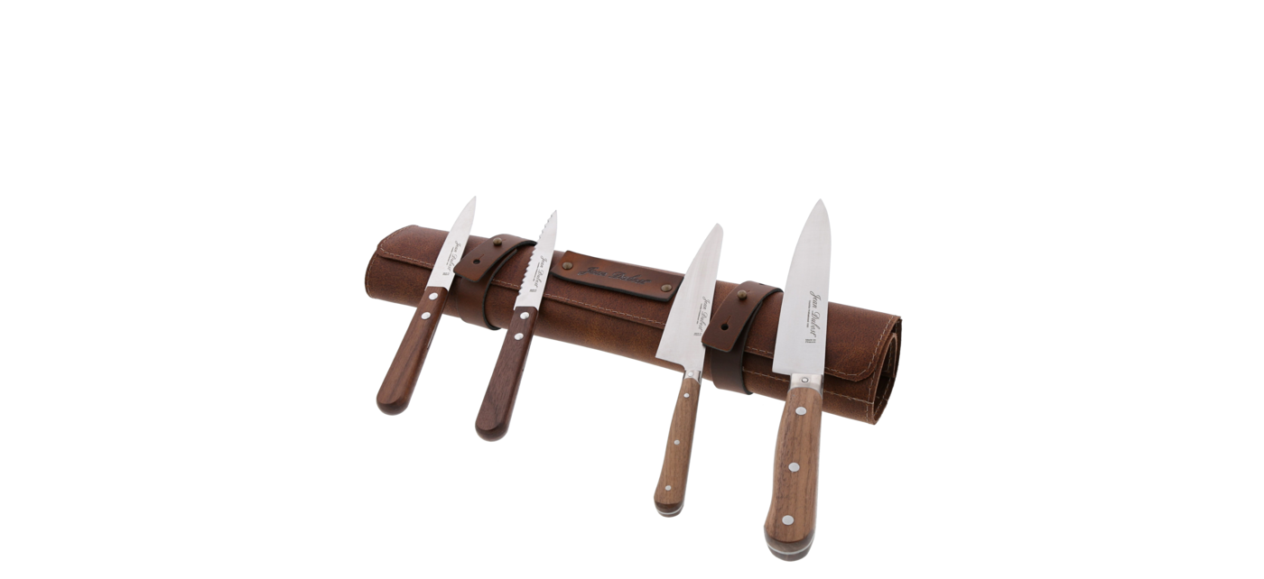Sacoche en cuir Jean Dubost avec 4 couteaux de cuisine manche noyer véritable, fabrication francaise