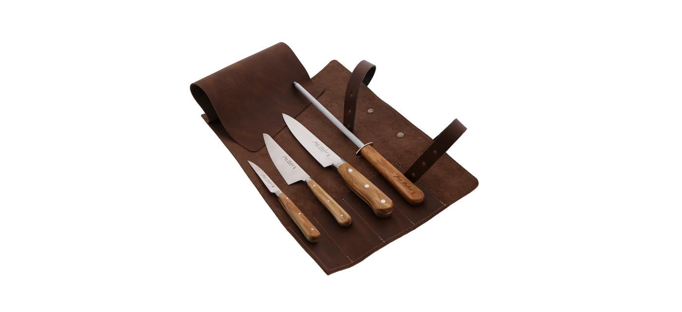 Jean Dubost sacoche cuir 3 couteaux et fusil à aiguiser bois d'olivier fabrication francaise