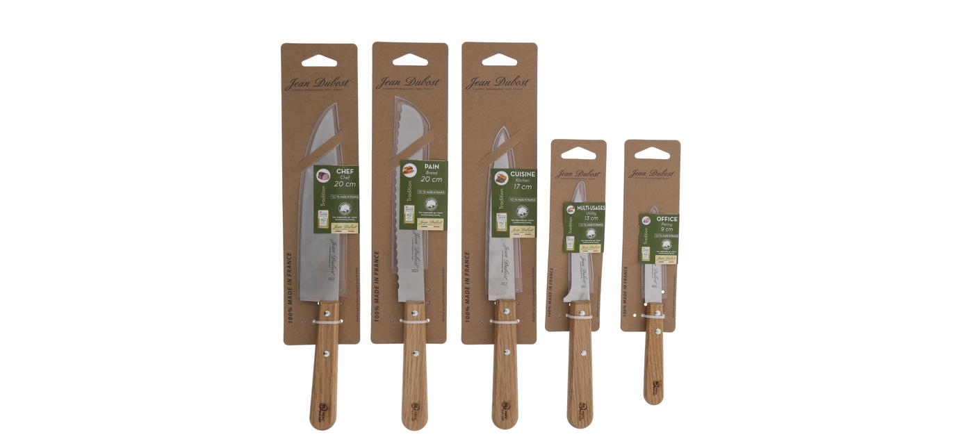 Couteaux de cuisine Jean Dubost gamme tradition manches ecoresponsables en chene certifie PEFC sur carte carton recyclé