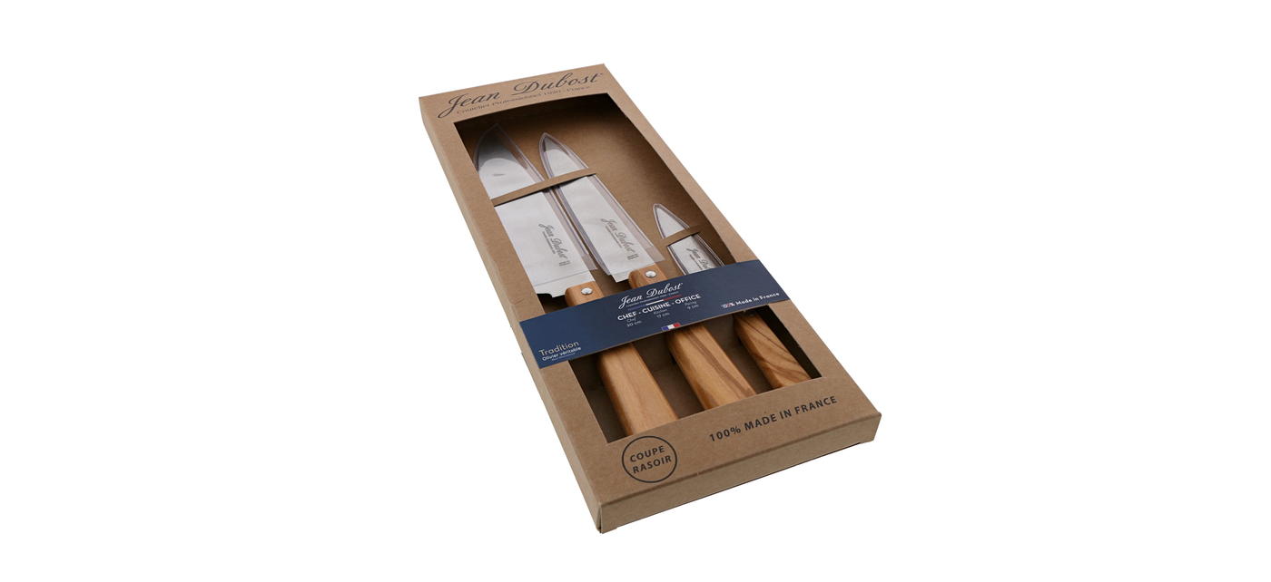 Coffret couteaux de cuisine Jean Dubost gamme tradition manches en bois d'olivier GM boite carton kraft recyclé