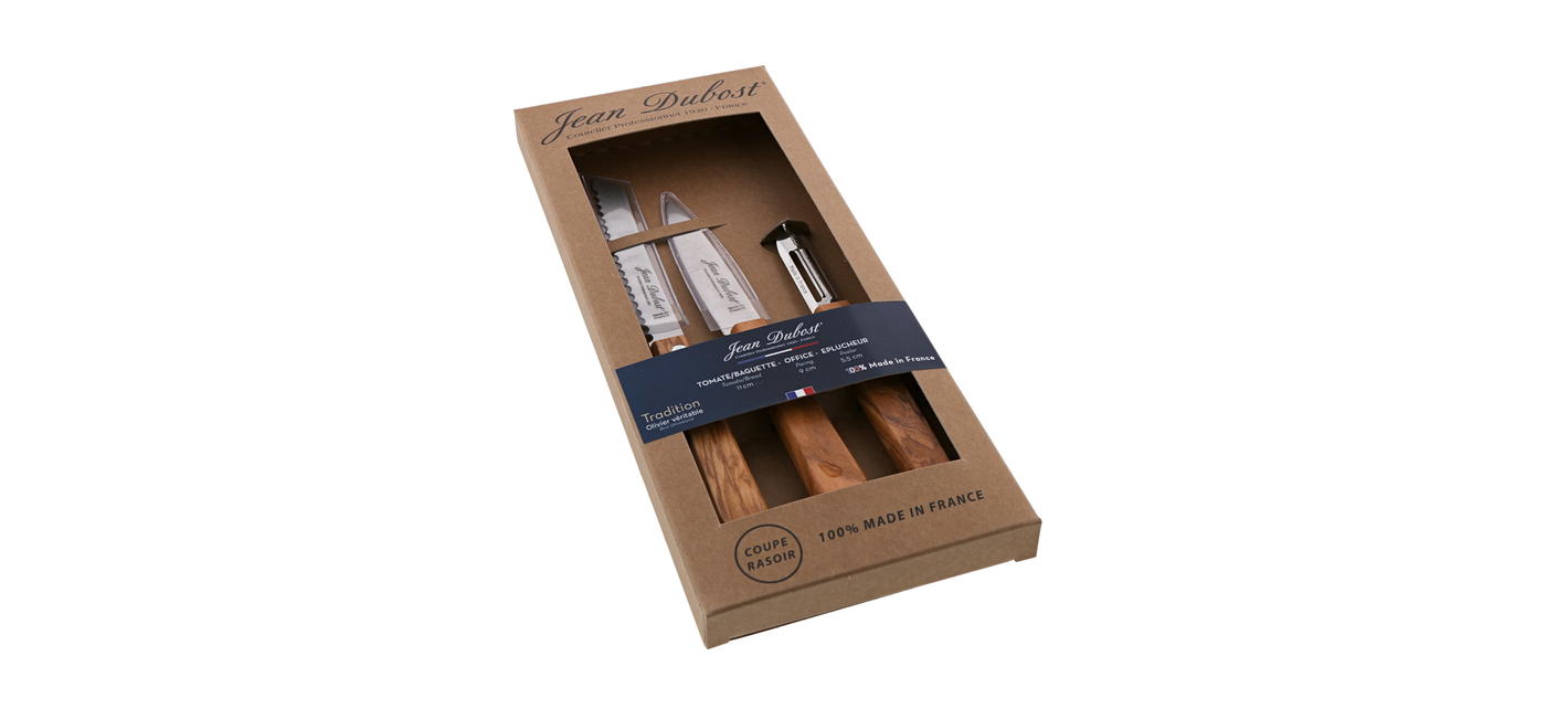 Coffret couteaux de cuisine Jean Dubost gamme tradition manches en bois d'olivier PM boite carton kraft recyclé