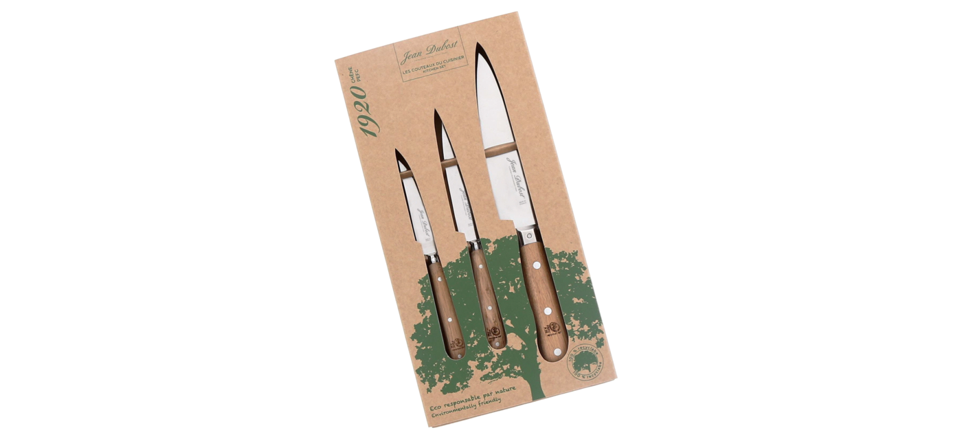 Coffret couteaux de cuisine eco-responsable Jean Dubost manche chene certifie PEFC, gestion durable des forets