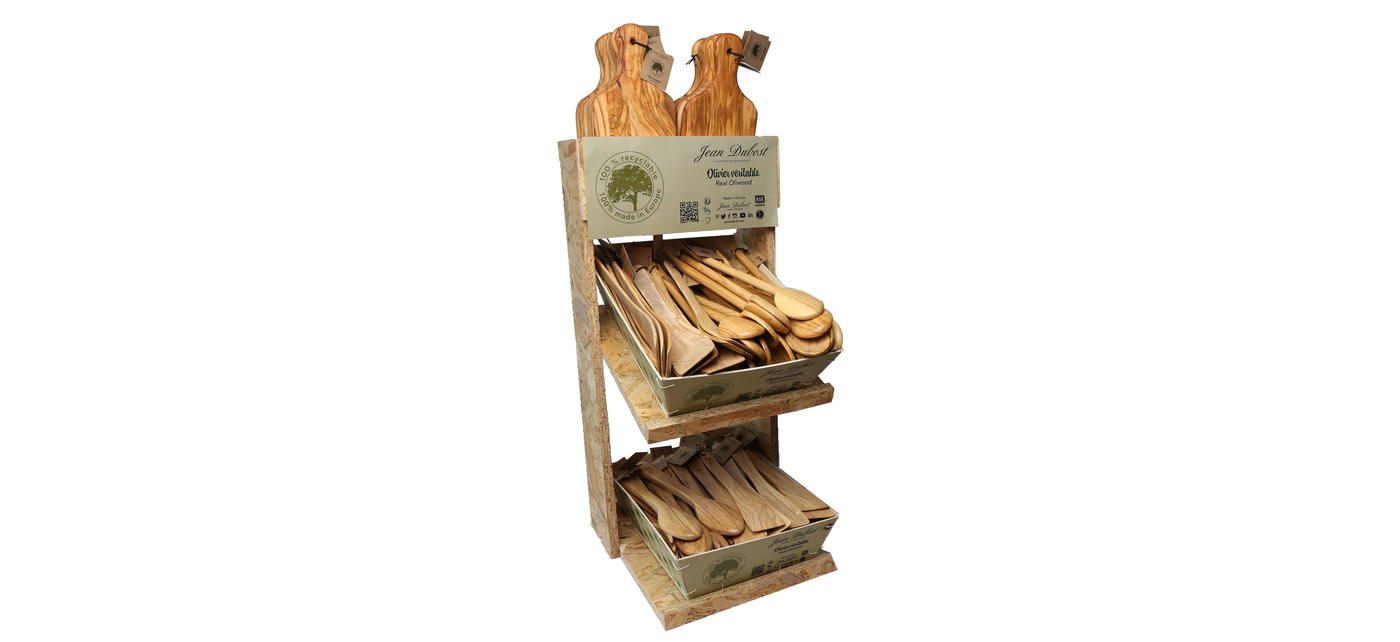 Jean Dubost merchandising meuble ustensiles en bois d'olivier 