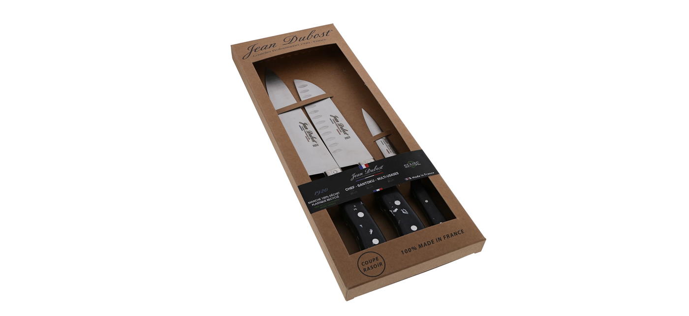 Jean Dubost  coffret 3 couteaux de cuisine gamme 1920 manche ecoconcu Sense black made in France