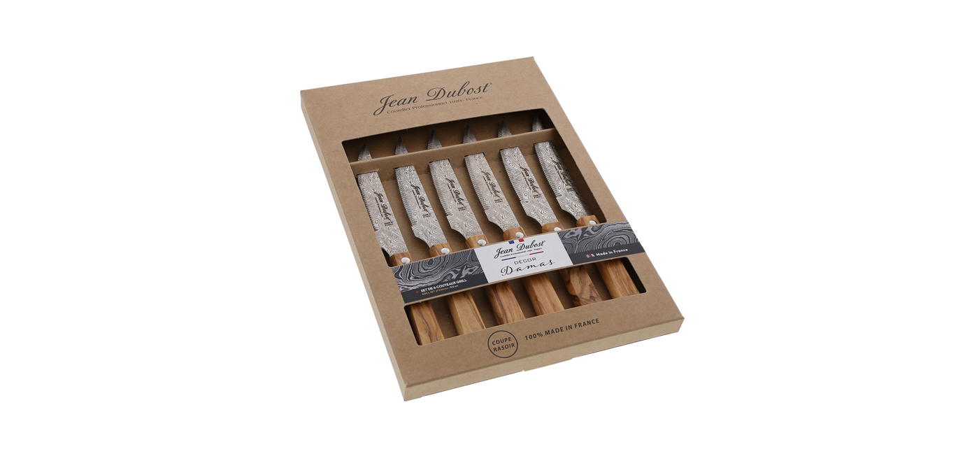 Jean Dubost coffret 6 couteaux tradition lame grill décor Damas, manche olivier, made in France