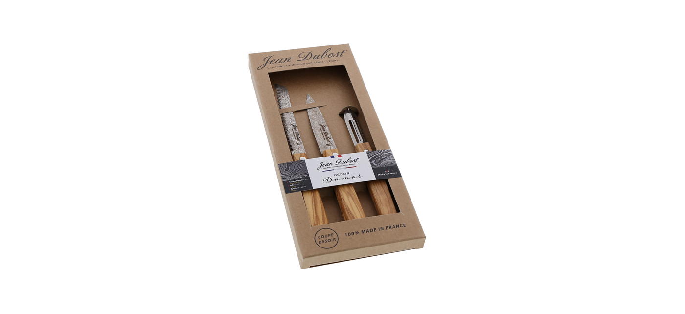 Jean Dubost coffret 3 pièces cuisine collection décor Damas, manche olivier, made in France