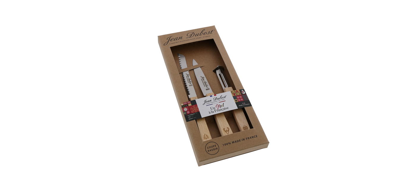 Jean Dubost coffret 3 couteaux de cuisine tradition décor Noel, made in France