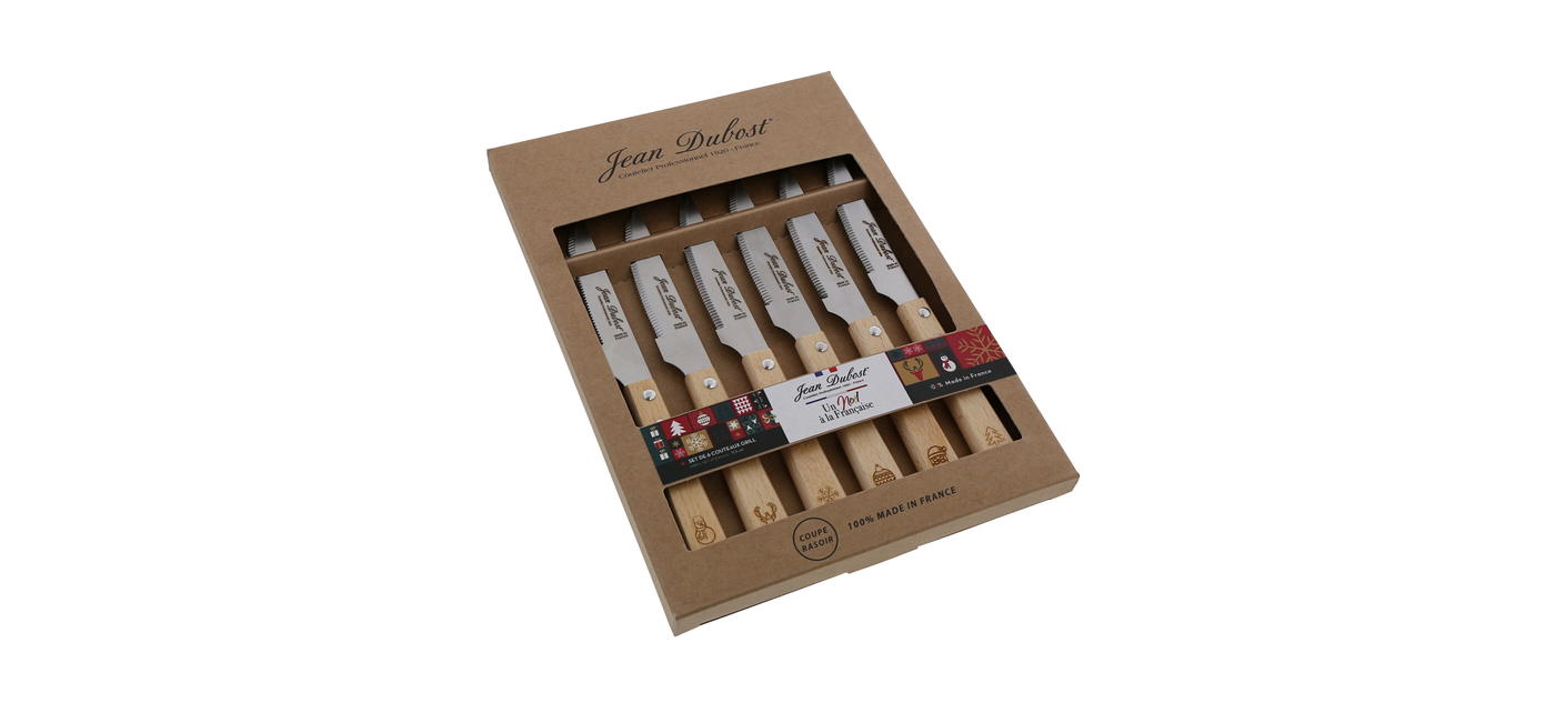 Jean Dubost coffret 6 couteaux de table grill décor Noel, fabrication française