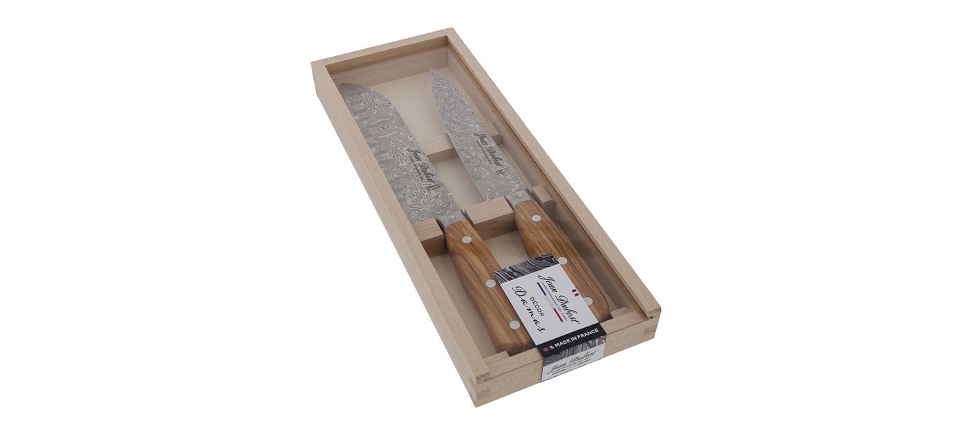 Jean Dubost coffret duo couteaux de cuisine gamme 1920 made in France manche olivier lame décor Damas