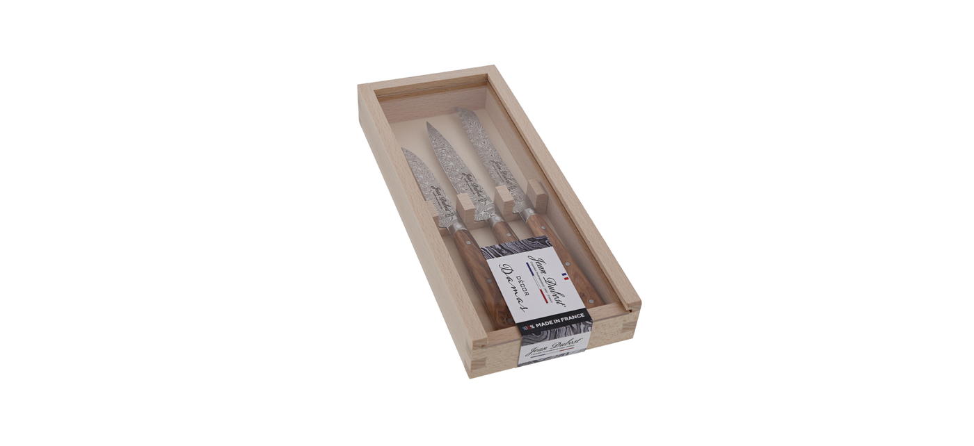 Jean Dubost coffret couteaux de cuisine gamme 1920 made in France manche olivier lame décor Damas