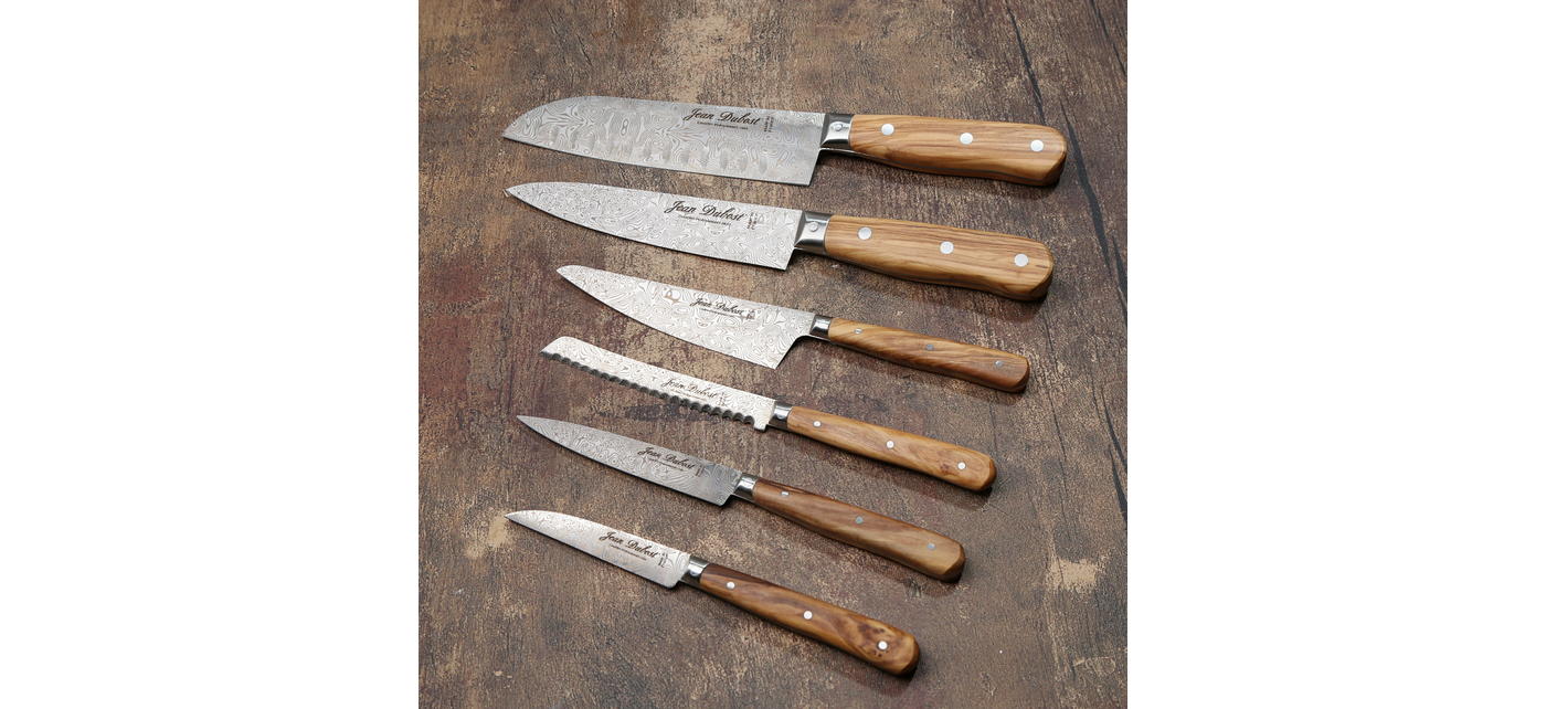 Jean Dubost couteaux de cuisine gamme 1920 made in France manche olivier lame décor Damas