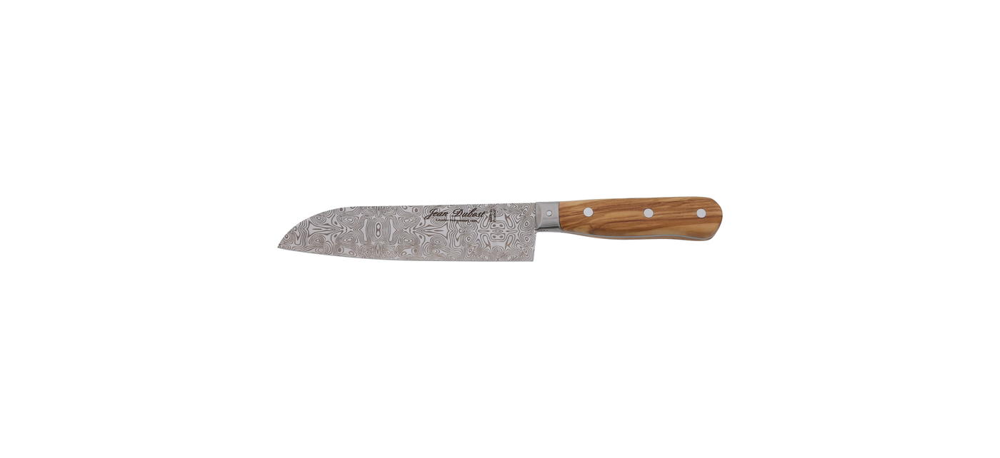 Jean Dubost couteau santoku gamme 1920 manche olivier lame décor Damas, made in France