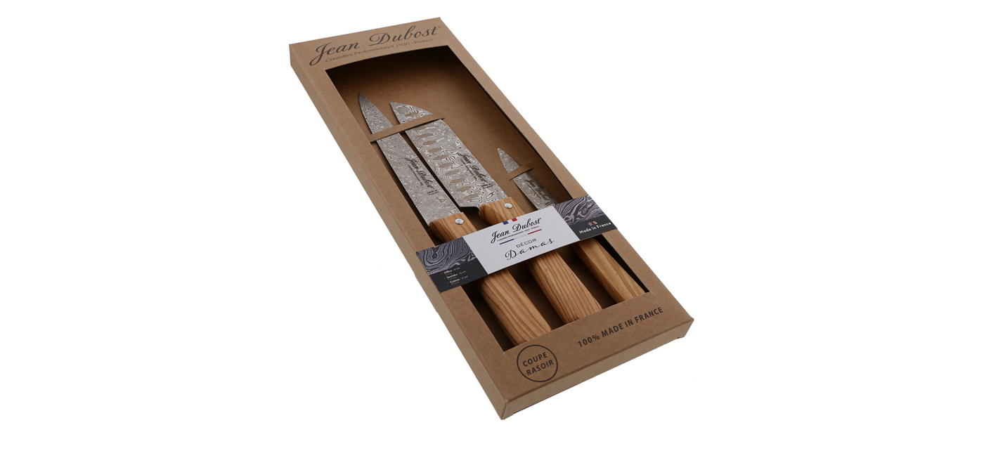 Jean Dubost coffret 3 couteaux de cuisine tradition lame décor Damas fabriqué en France