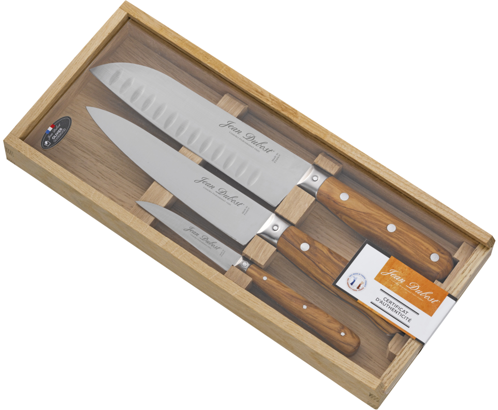 Coffret couteaux de cuisine Jean Dubost gamme 1920 manches bois d'olivier fabrication francaise