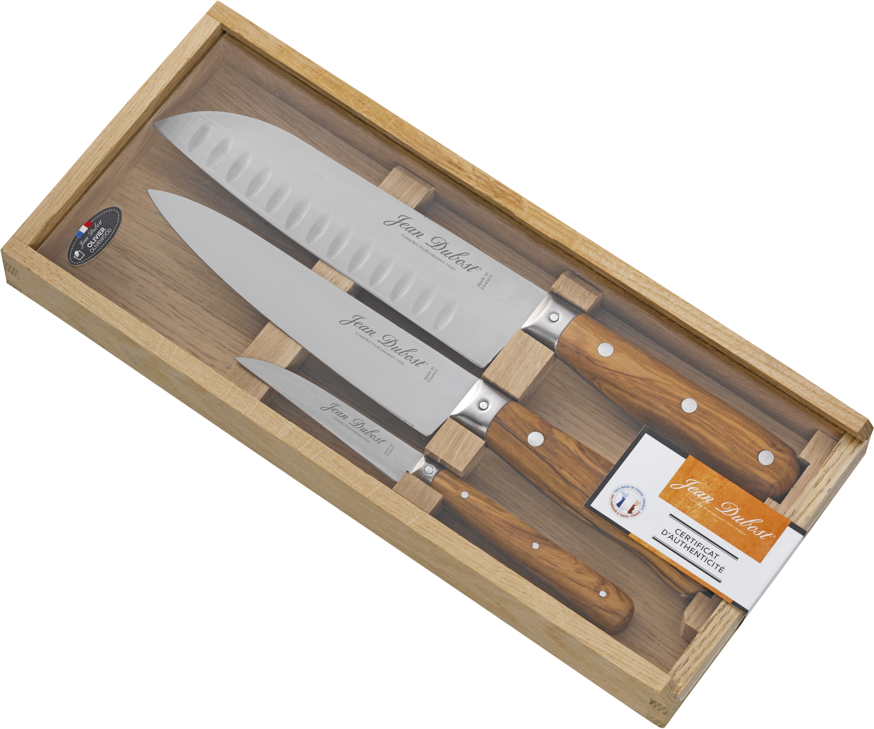 jean dubost Coffret 3 couteaux de cuisine Jean Dubost gamme 1920 manche bois d'olivier
