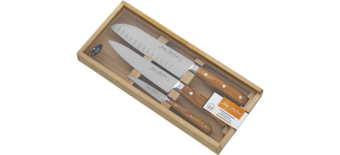 Coffret couteaux de cuisine Jean Dubost gamme 1920 manches bois d'olivier fabrication francaise