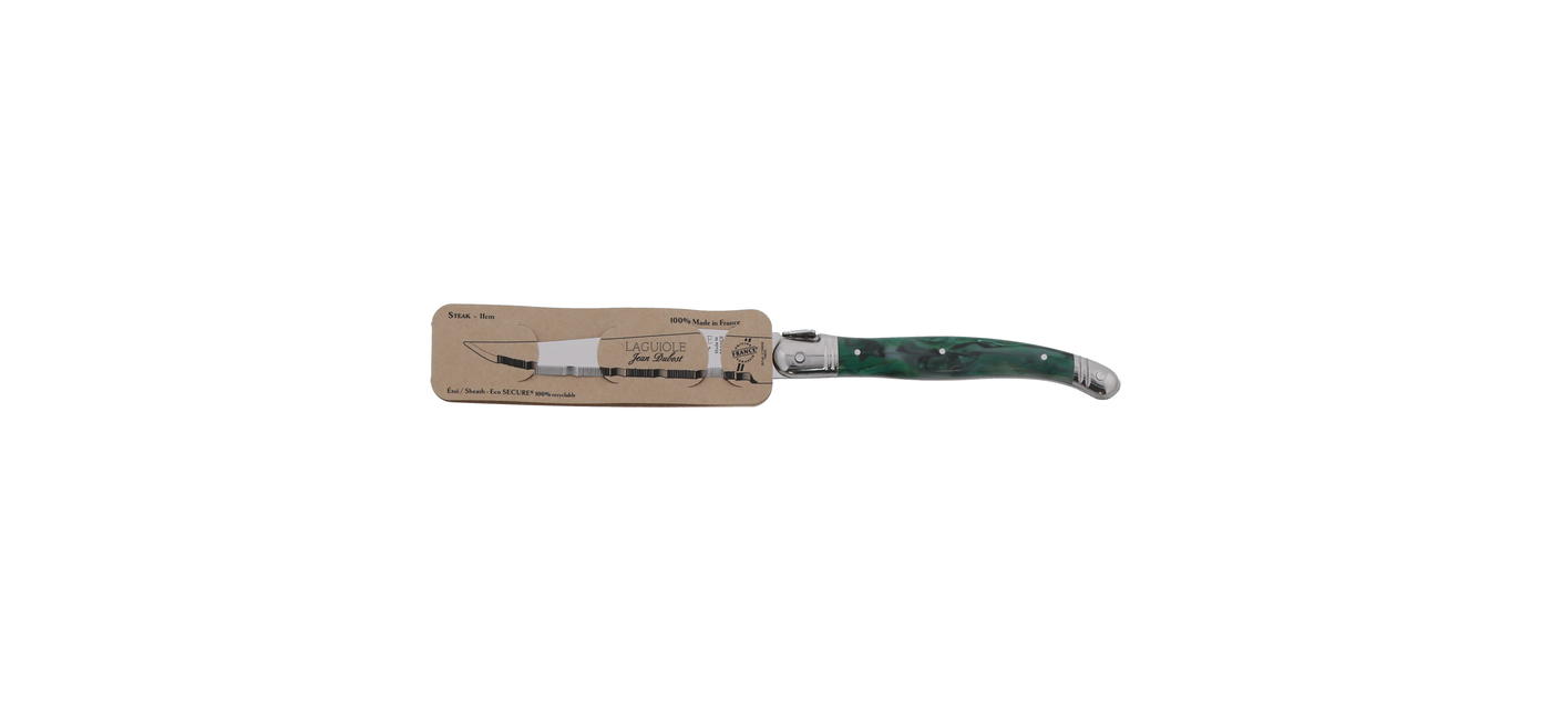 Jean Dubost Laguiole couteau steak vert malachite certifié Origine France Garantie etui eco secure