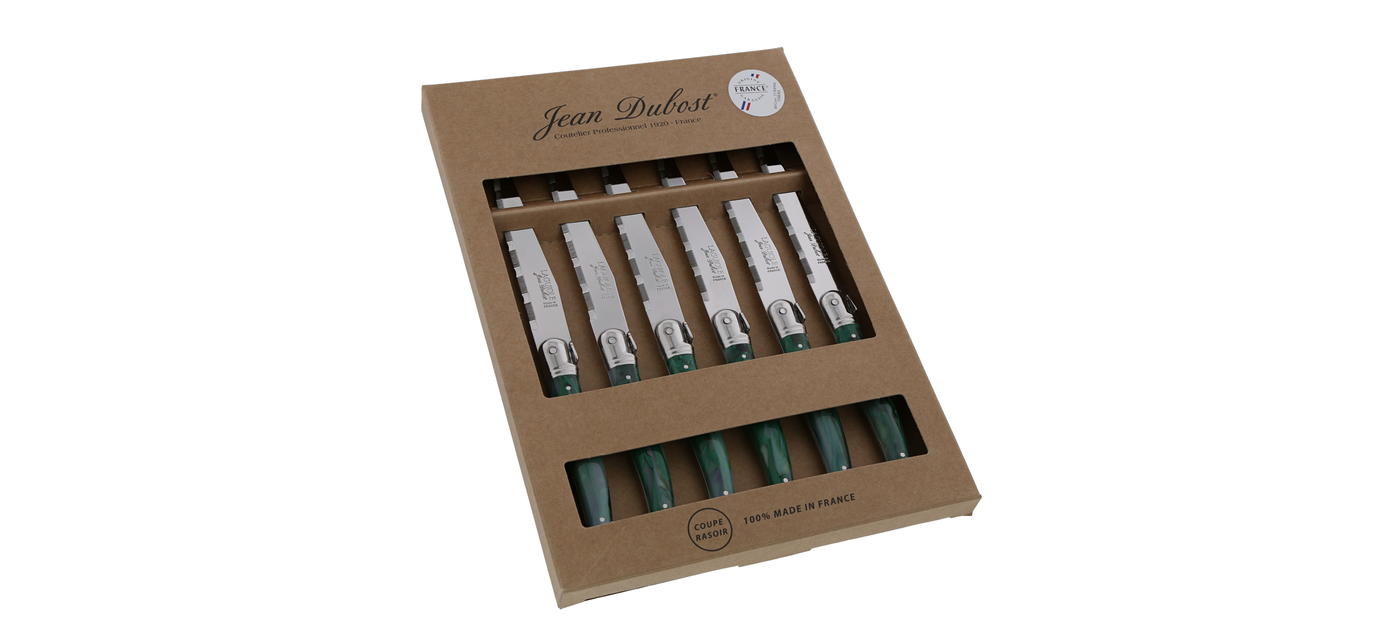 Jean Dubost Laguiole coffret kraft 6 couteaux malachite certifiés Origine France Garantie